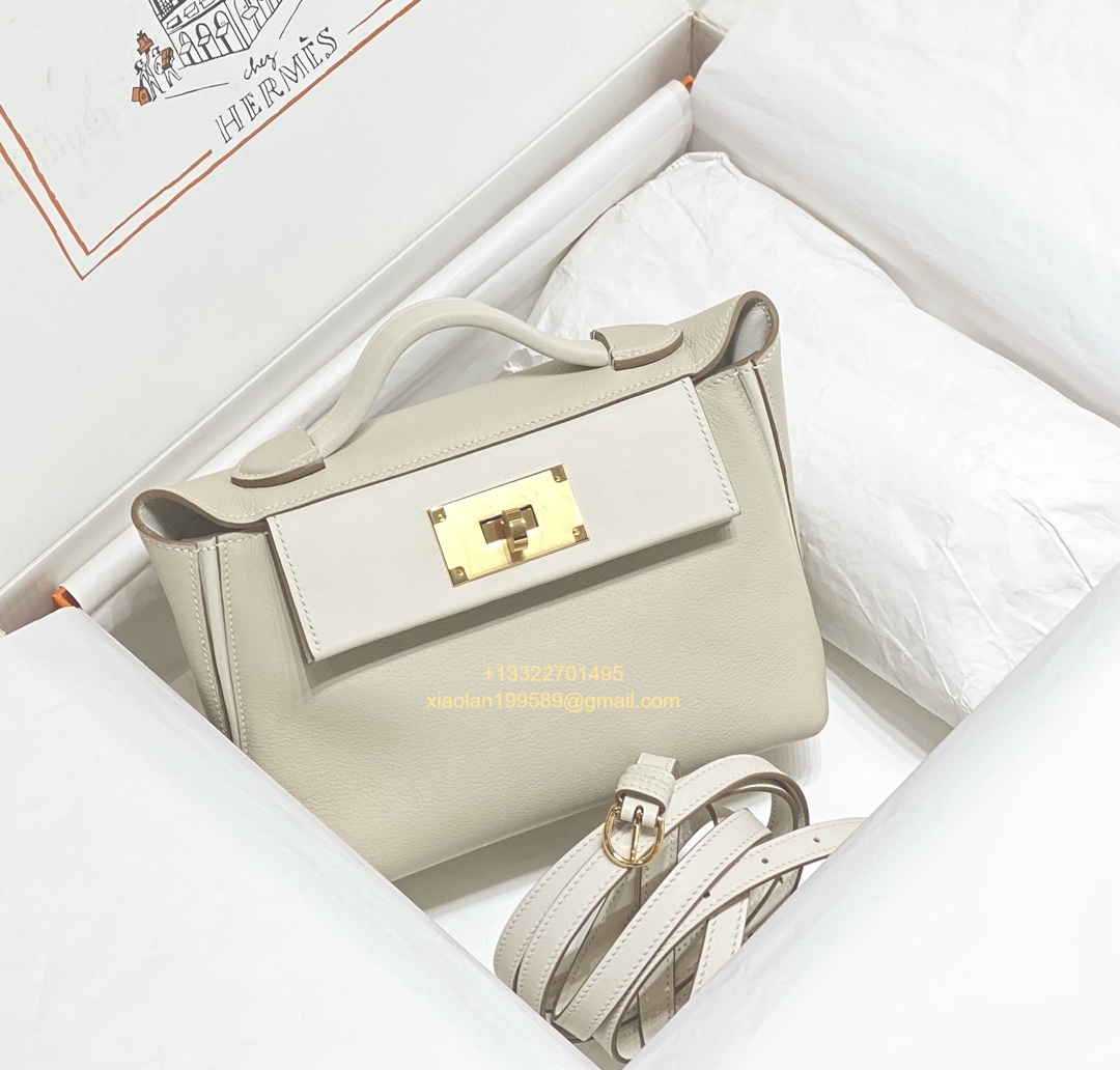 Hermès 24/24 Mini-21 Bag in Evercolor and Swift Leather, Milky White, Top-tier 1:1 Handmade Craftsmanship.