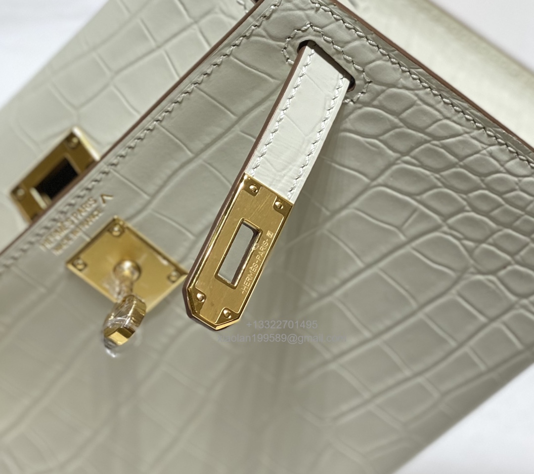 Hermès Mini Kelly in Crocodile Leather, Fully Handmade Premium Private Customization –Milkshake White