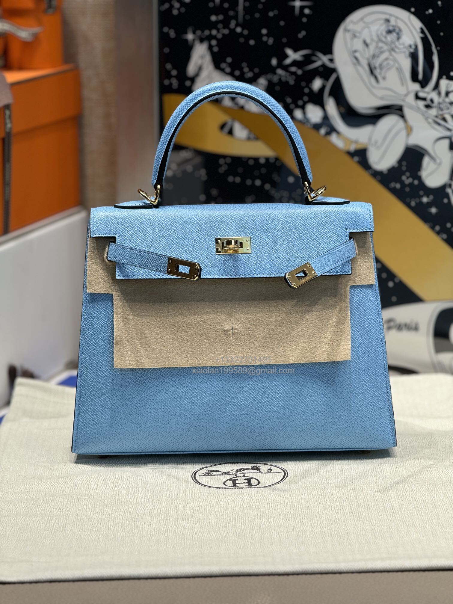 Hermès Kelly Handbag in Candy Blue Epsom Cowhide Leather, Purely Handcrafted, High-End Customization Edition