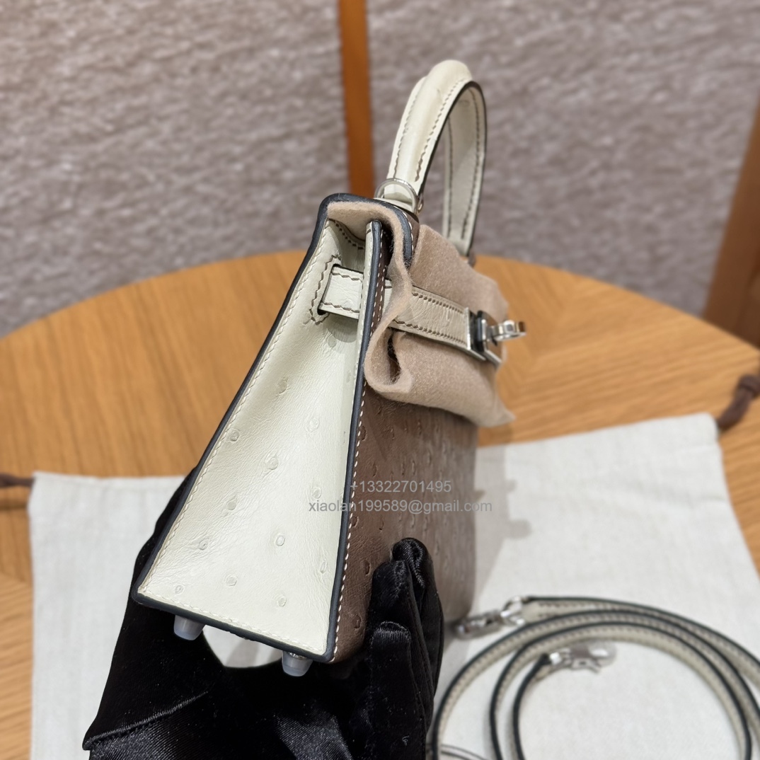 Hermès Mini Kelly Sellier II 20 in Ostrich Leather 81/Girs tourtelle and 8L/Beton