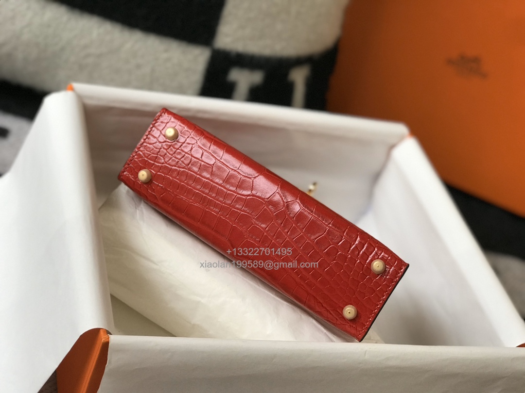 Hermès Mini Kelly in Crocodile Leather, Fully Handmade Premium Private Customization – Flag Red