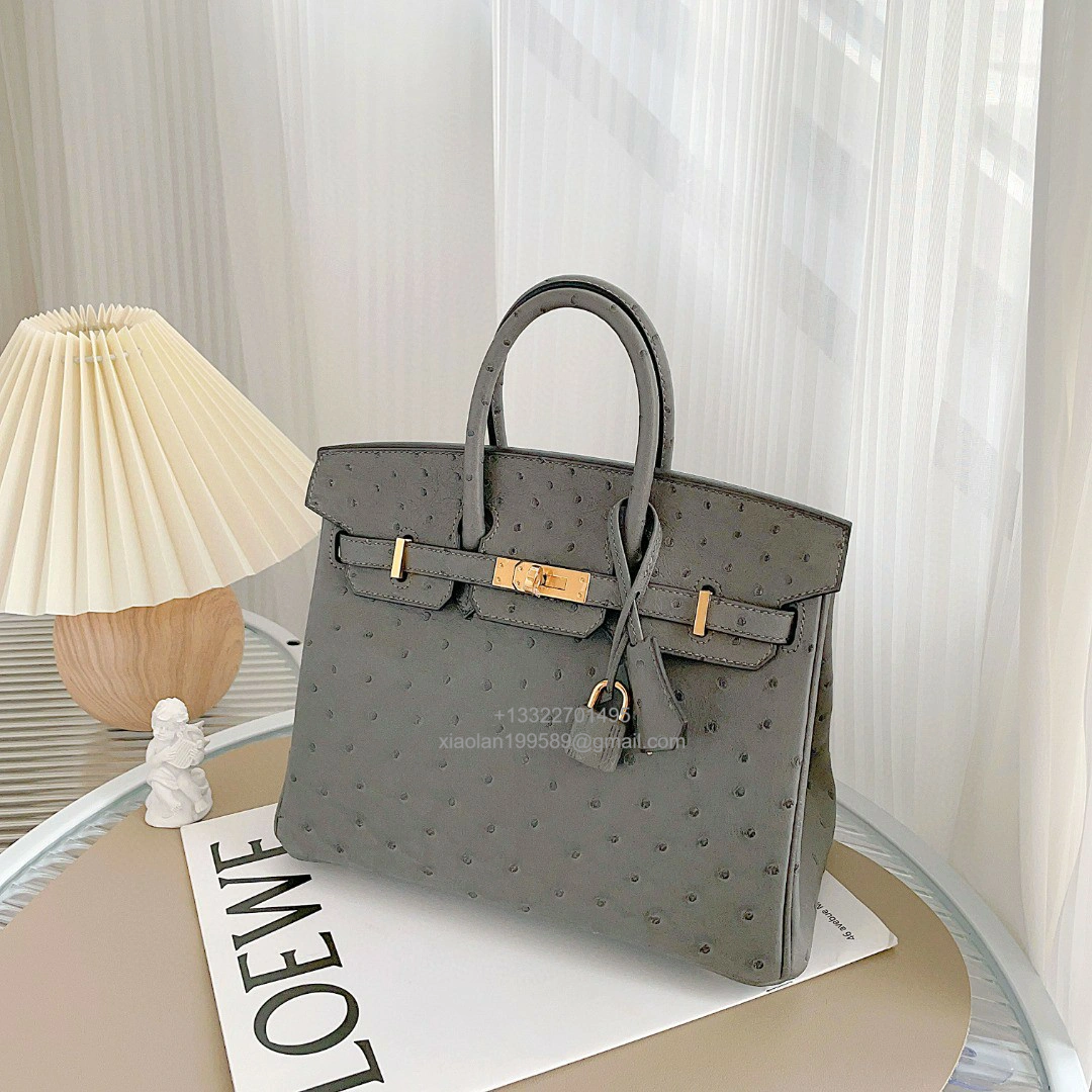 Birkin 25/30/35cm South African KK Ostrich Leather, Premium Fully Handcrafted Exclusive Custom –Nata Grey