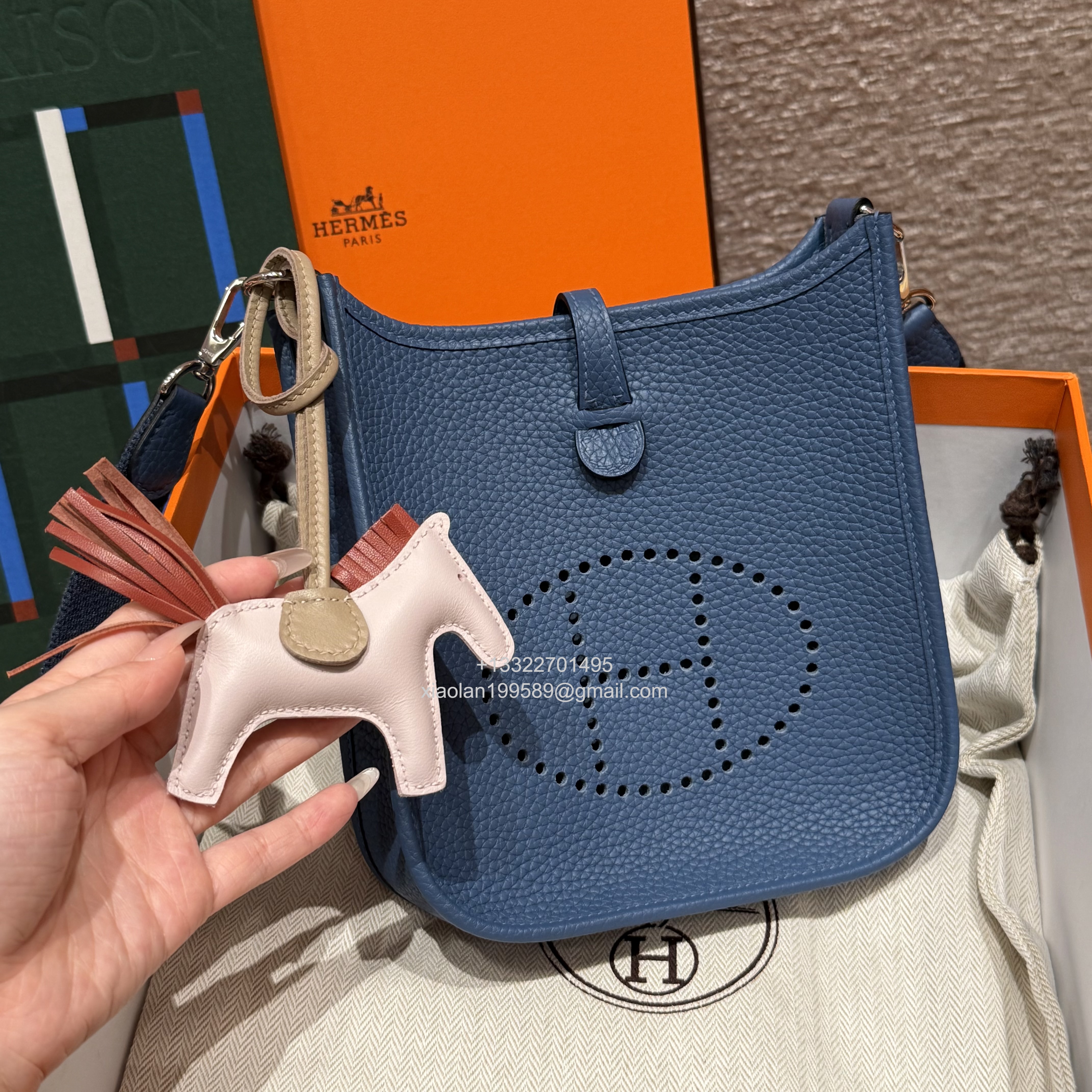 Hermès Evelyne mini Bag in Clemence Leather, Premium Handcrafted Customization-Blue agate