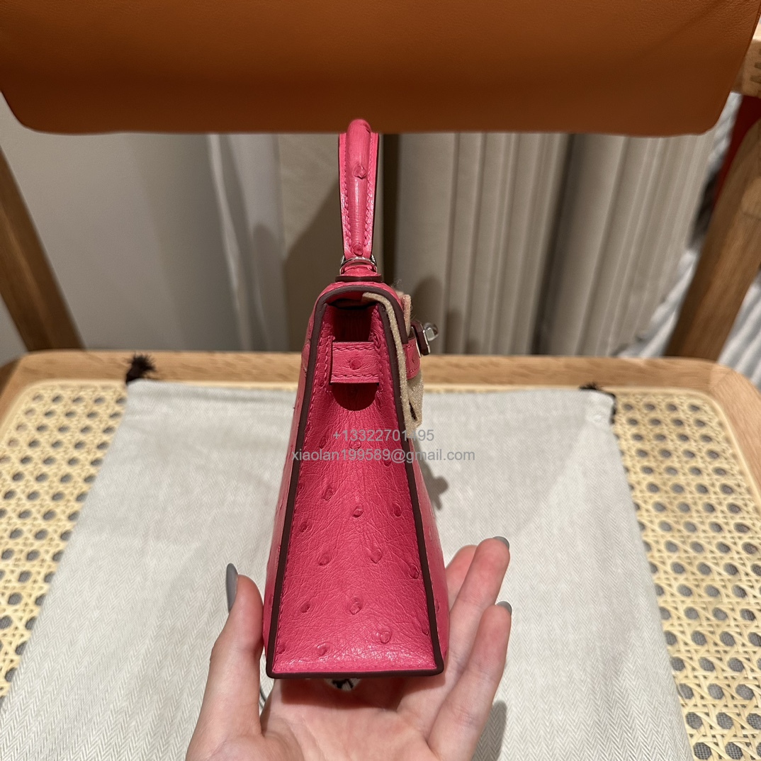 Hermès Mini Kelly Sellier II 20 in Ostrich Leather  E5/Rose Tyrien