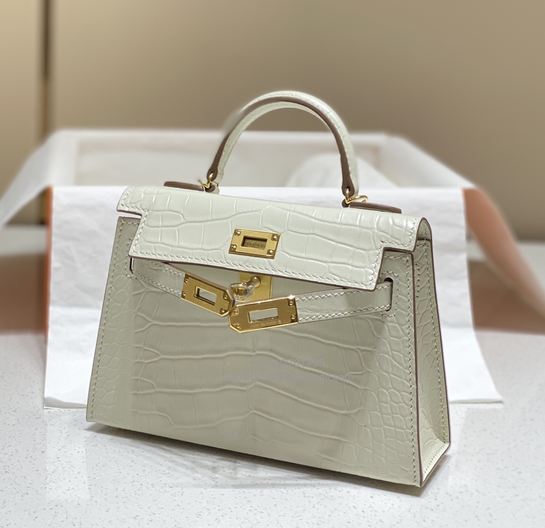 Hermès Mini Kelly in Crocodile Leather, Fully Handmade Premium Private Customization –Milkshake White