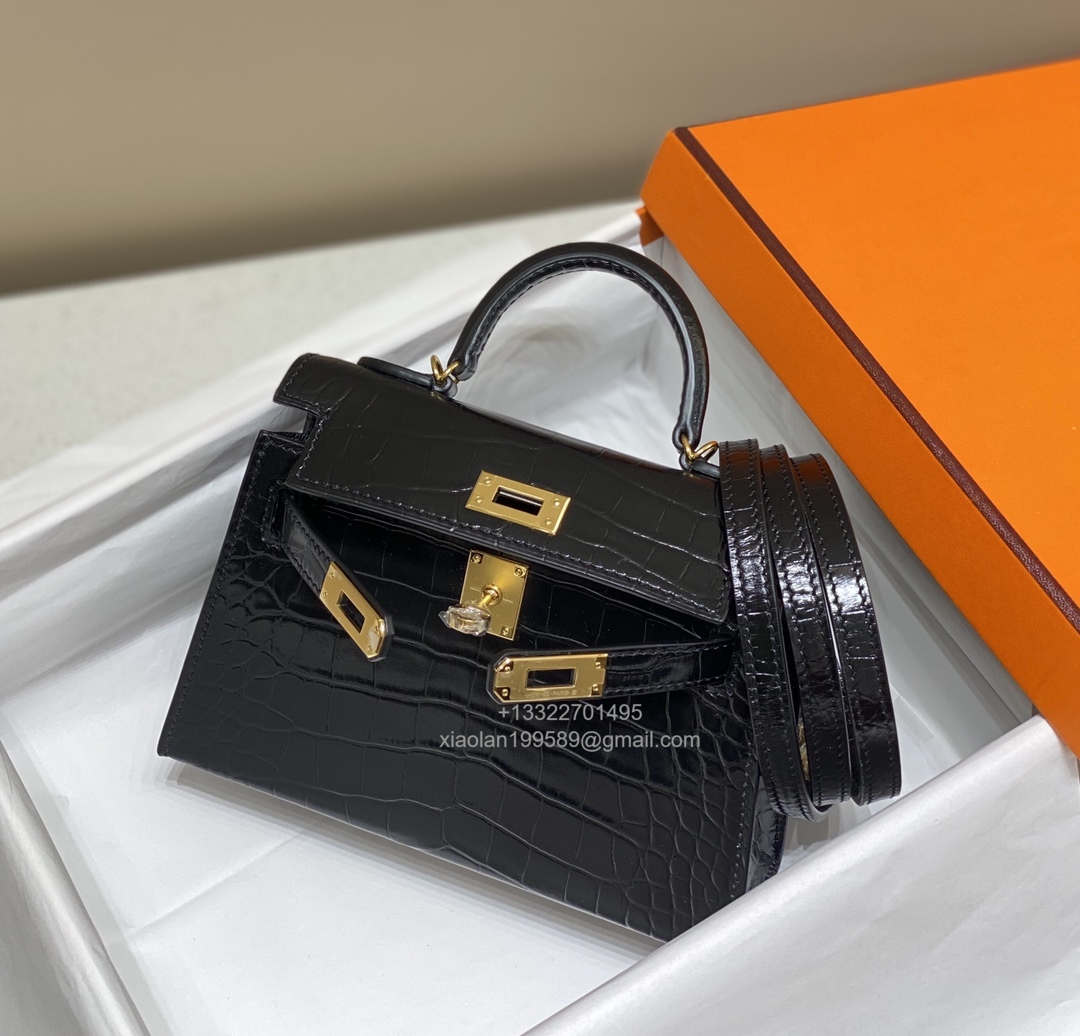 Hermès Mini Kelly in Crocodile Leather, Fully Handmade Premium Private Customization –Black