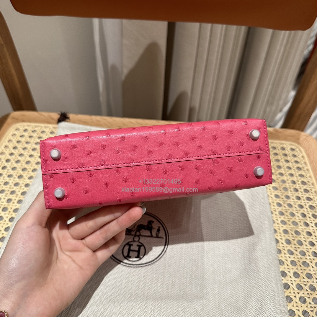 Hermès Mini Kelly Sellier II 20 in Ostrich Leather  E5/Rose Tyrien