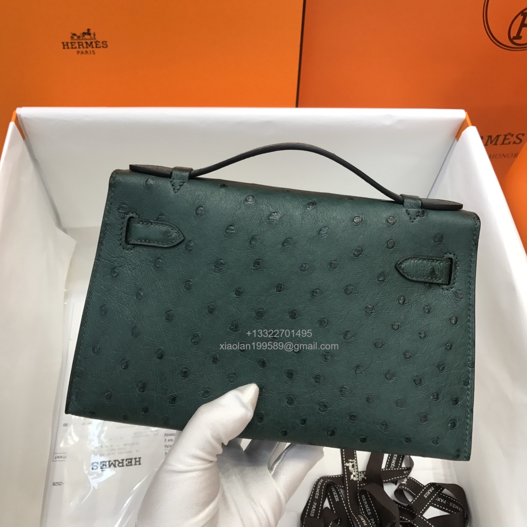 Hermès Kelly Pochette Clutch Bag, South African KK ostrich leather, fully handmade haute couture – Dark Green