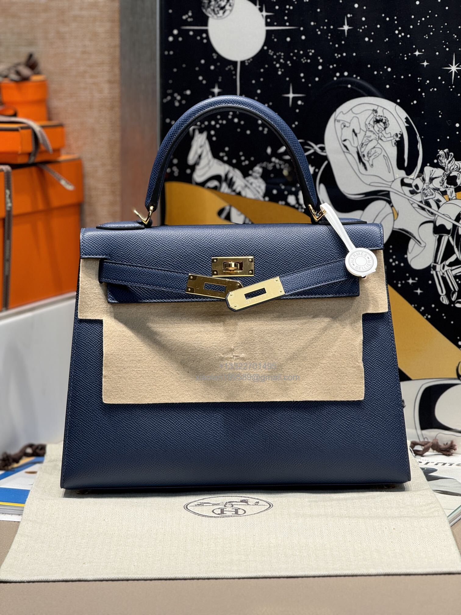 Hermès Kelly Handbag in Deep Blue Epsom Cowhide Leather, Purely Handcrafted, High-End Customization Edition