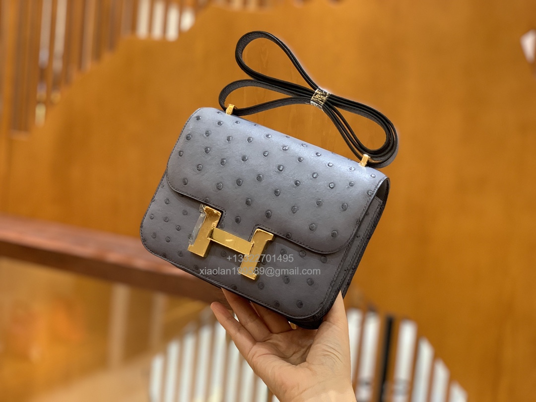 Hermès Constance 18/24 in Ostrich Leather, Premium Fully Handmade Exclusive Customization –Asphalt Grey