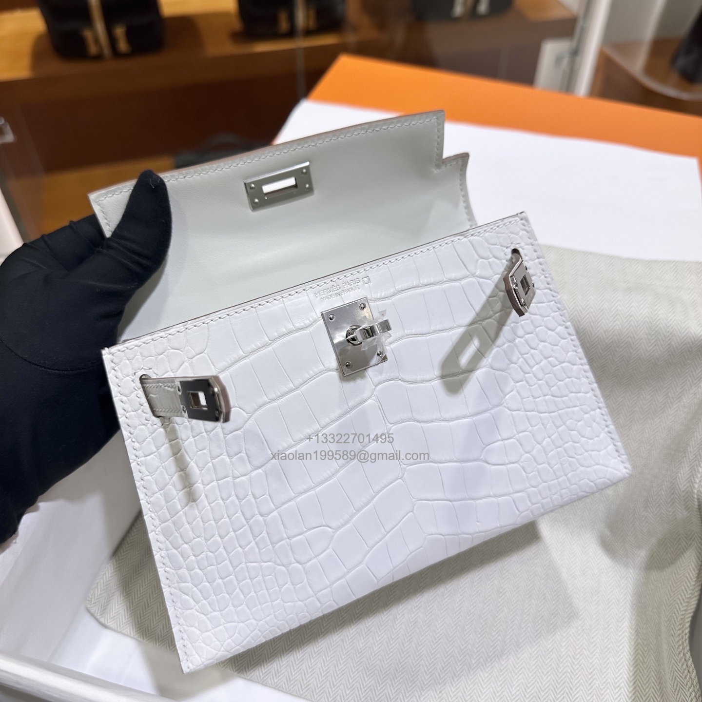 Hermès Mini Kelly in Crocodile Leather, Fully Handmade Premium Private Customization – Cream White