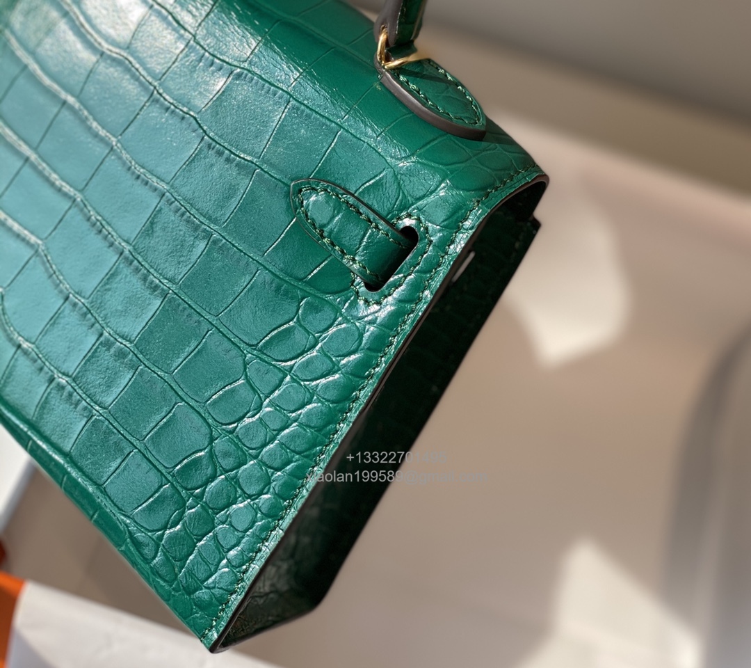 Hermès Mini Kelly in Crocodile Leather, Fully Handmade Premium Private Customization –Emerald Green