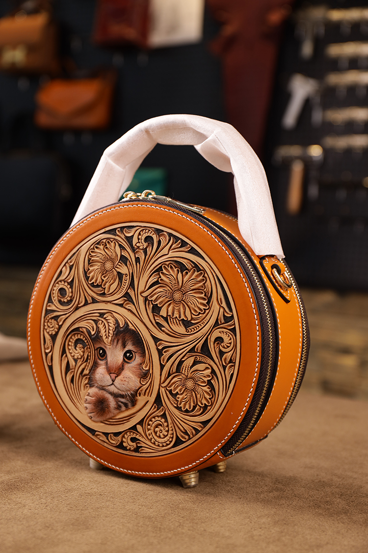 New Chinese-style Round Bag, Handcrafted Leather Carving, Luxury Women's Handbag, Trendy Niche Shoulder and Crossbody Bag.