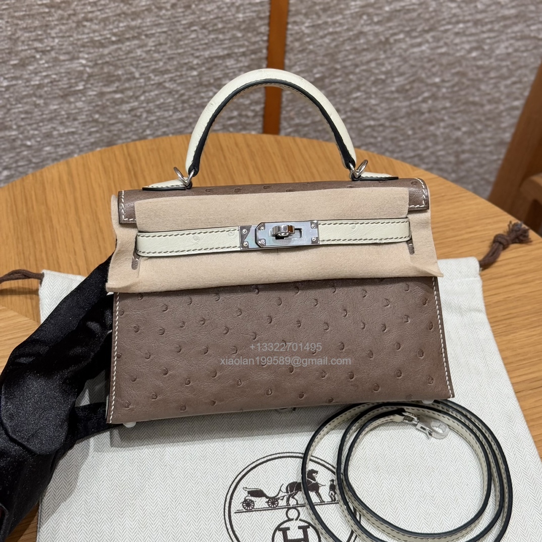 Hermès Mini Kelly Sellier II 20 in Ostrich Leather 81/Girs tourtelle and 8L/Beton