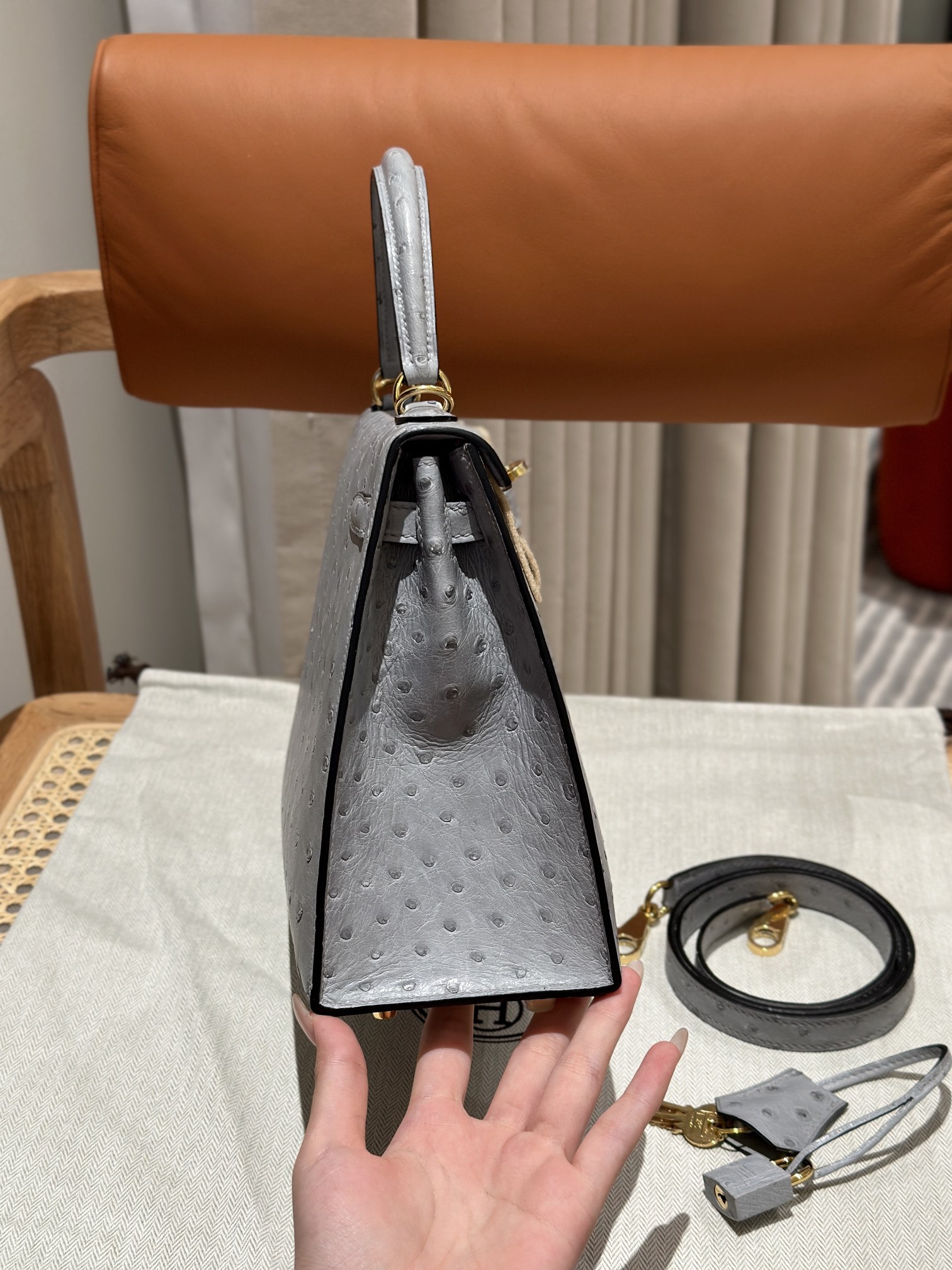 Kelly 25/28/32cm South African KK Ostrich Leather, Premium Fully Handcrafted Exclusive Custom –Blue glacier