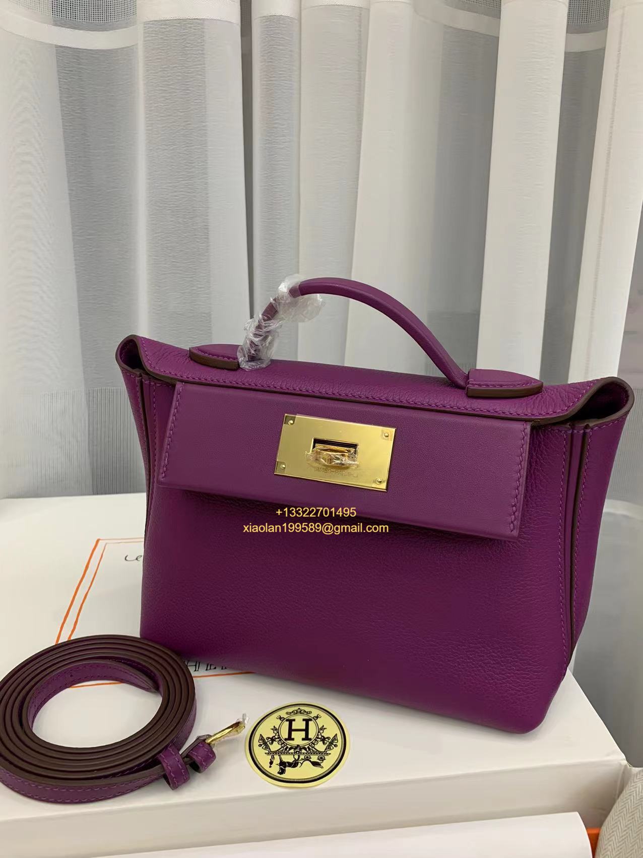 Hermès 24/24 Mini-21 Bag in Anemone Purple Evercolor and Swift leather, top-tier 1:1 purely handcrafted.