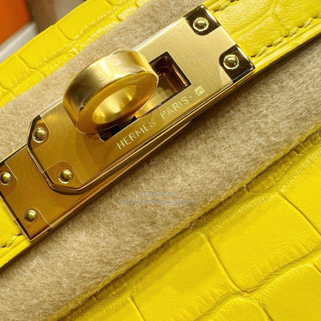 Hermès Mini Kelly in Crocodile Leather, Fully Handmade Premium Private Customization –Marigold Yellow
