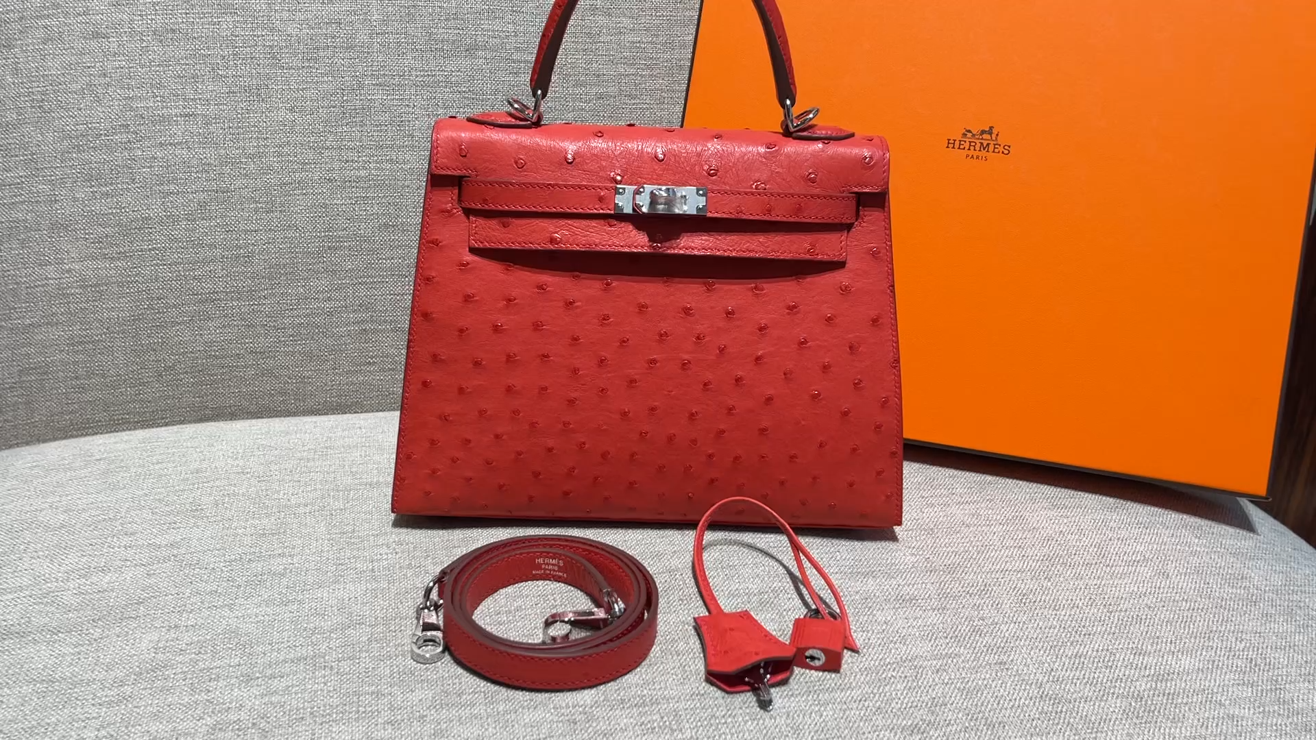 Kelly 25/28/32cm South African KK Ostrich Leather, Premium Fully Handcrafted Exclusive Custom –Flag Red