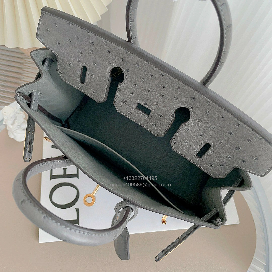 Birkin 25/30/35cm South African KK Ostrich Leather, Premium Fully Handcrafted Exclusive Custom –Nata Grey