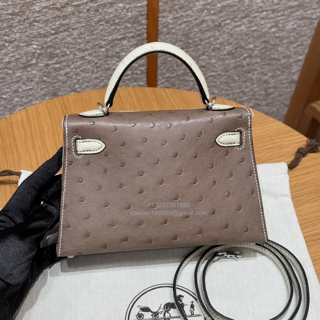 Hermès Mini Kelly Sellier II 20 in Ostrich Leather 81/Girs tourtelle and 8L/Beton