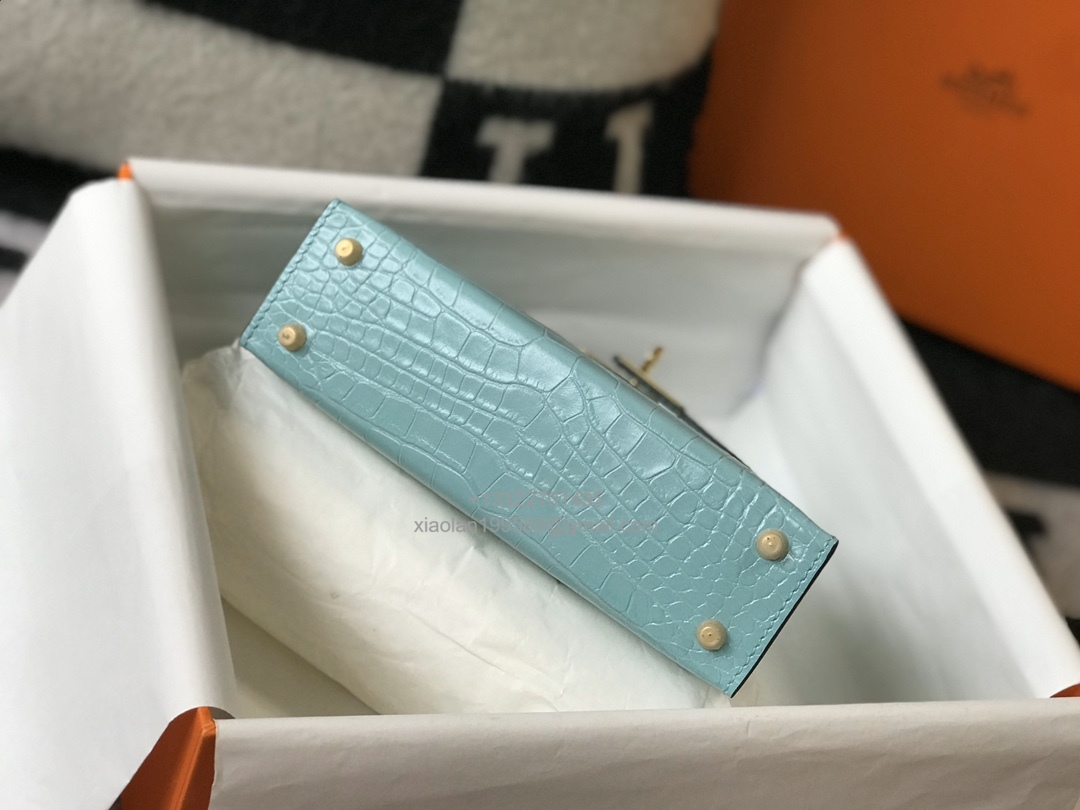 Hermès Mini Kelly in Crocodile Leather, Fully Handmade Premium Private Customization –Macaw Blue