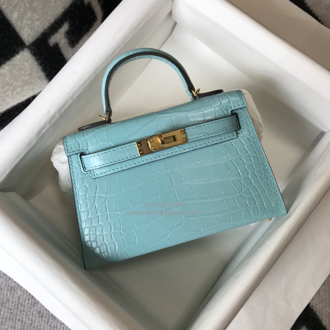 Hermès Mini Kelly in Crocodile Leather, Fully Handmade Premium Private Customization –Macaw Blue