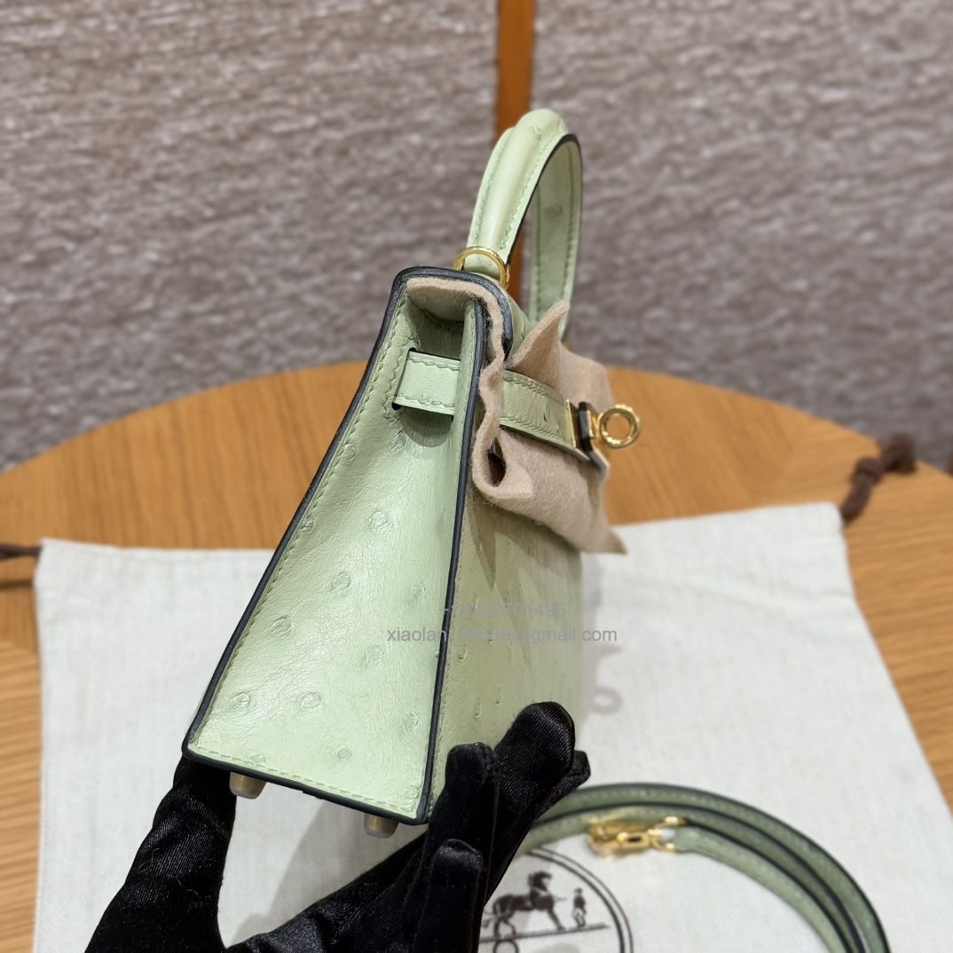 Hermès Mini Kelly Sellier II 20 in Ostrich Leather 3i/Vert Criquet