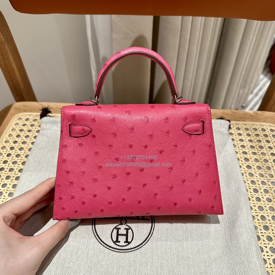 Hermès Mini Kelly Sellier II 20 in Ostrich Leather  E5/Rose Tyrien