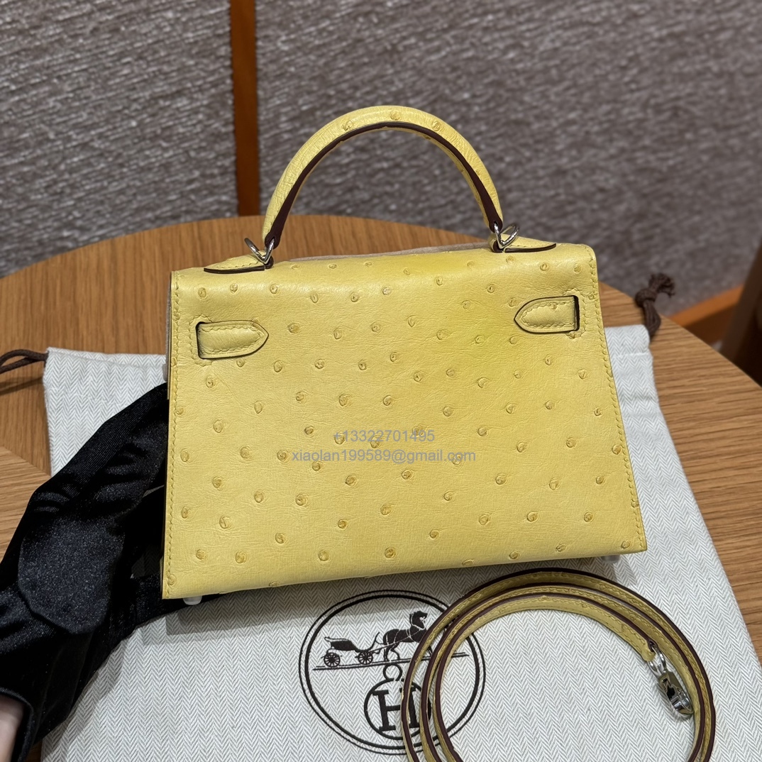 Hermès Mini Kelly Sellier II 20 in Ostrich Leather  9R/Lime