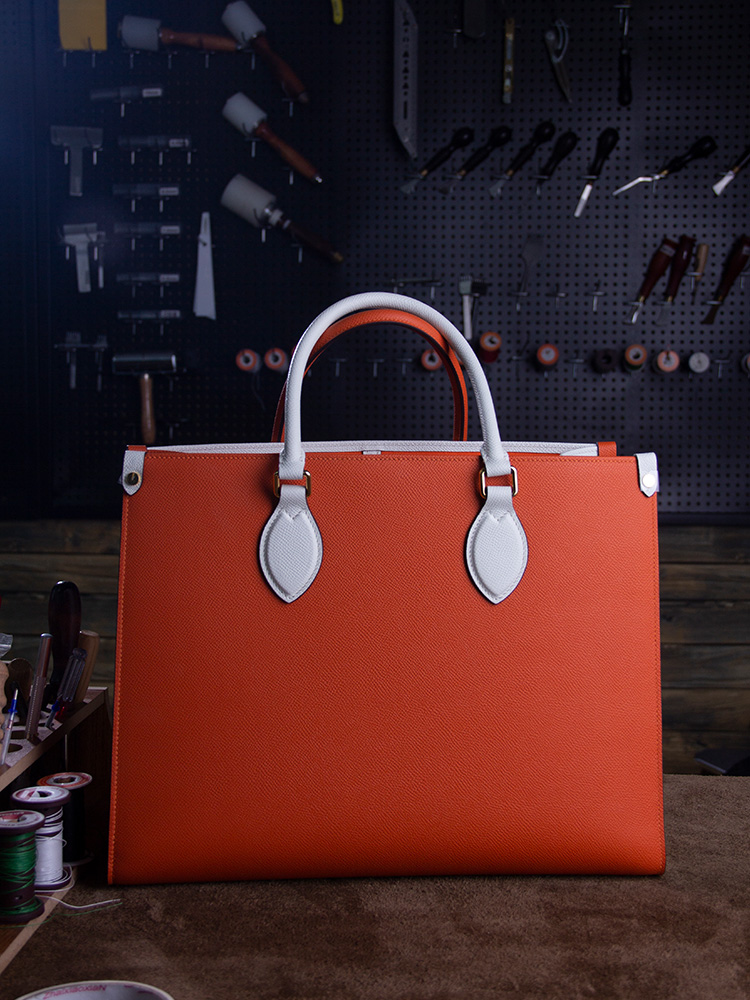 Handcrafted Custom Genuine Leather Orange and White Split Tote Bag with Phoenix Painting, Women's Handbag