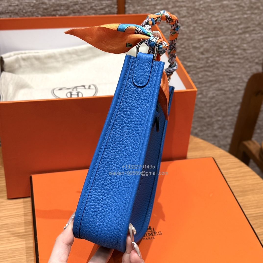 Hermès Evelyne mini Bag in Clemence Leather, Premium Handcrafted Customization-Blue zelige