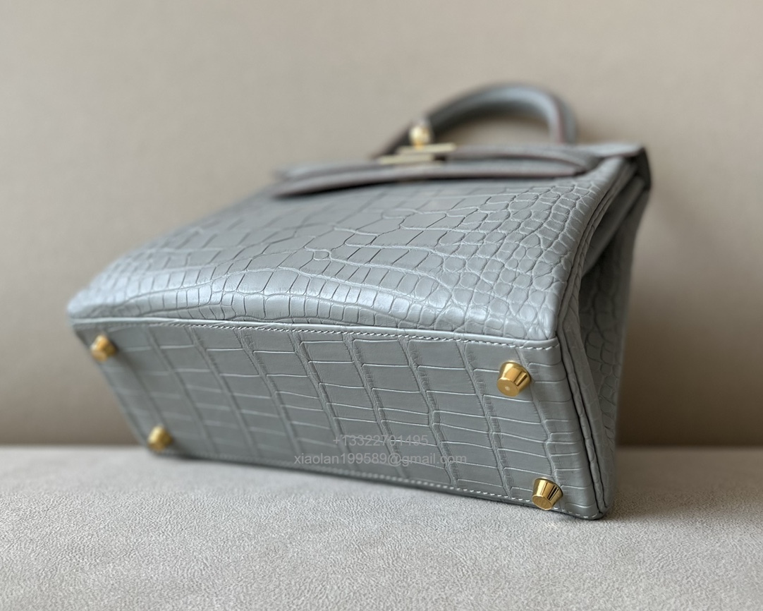 Hermès Kelly 25/28/32cm in Crocodile Leather, Fully Handmade Premium Private Customization-Pearl Grey