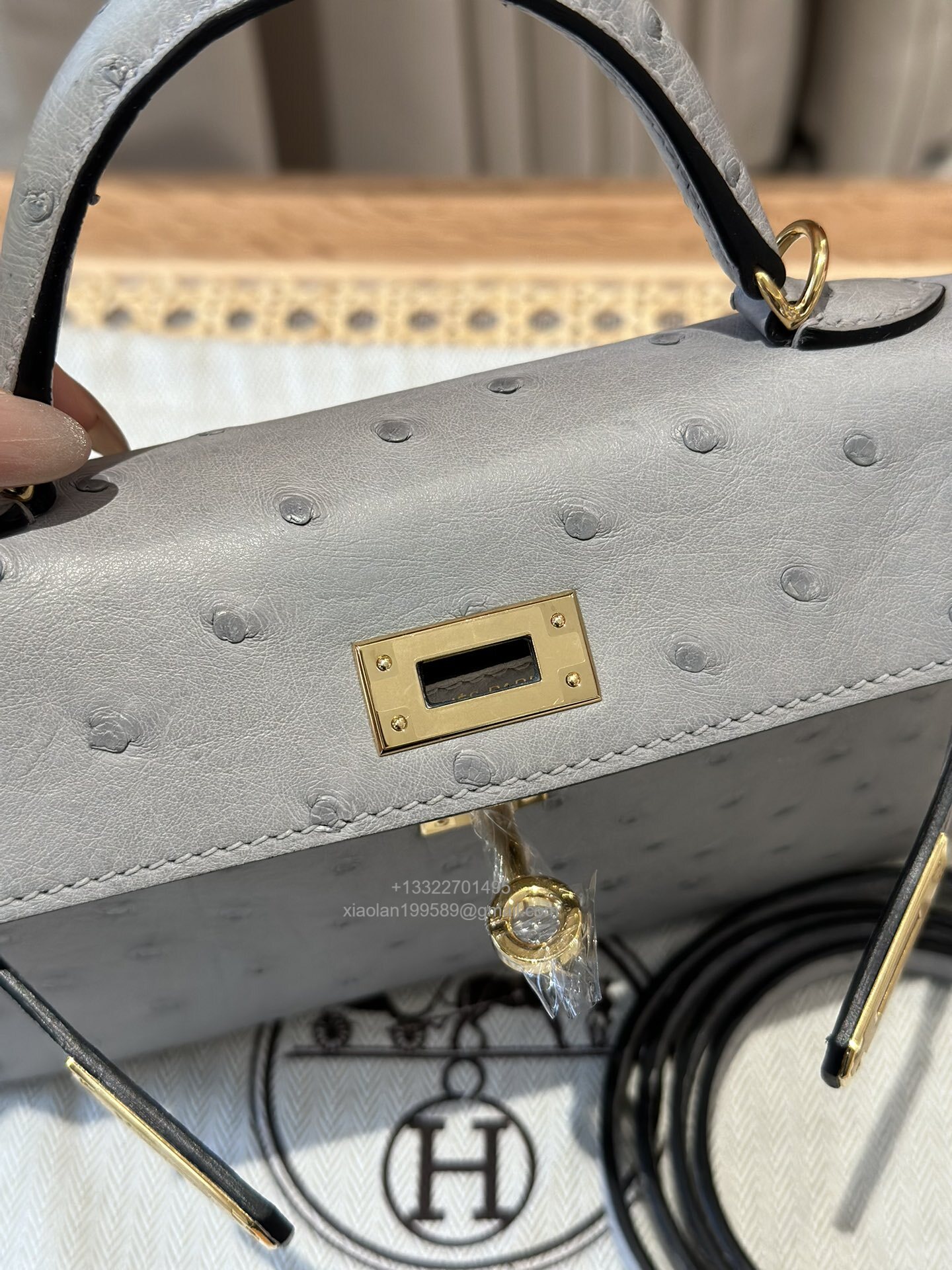 Hermès Mini Kelly Sellier II 20 in Ostrich Leather  8U/Blue glacier