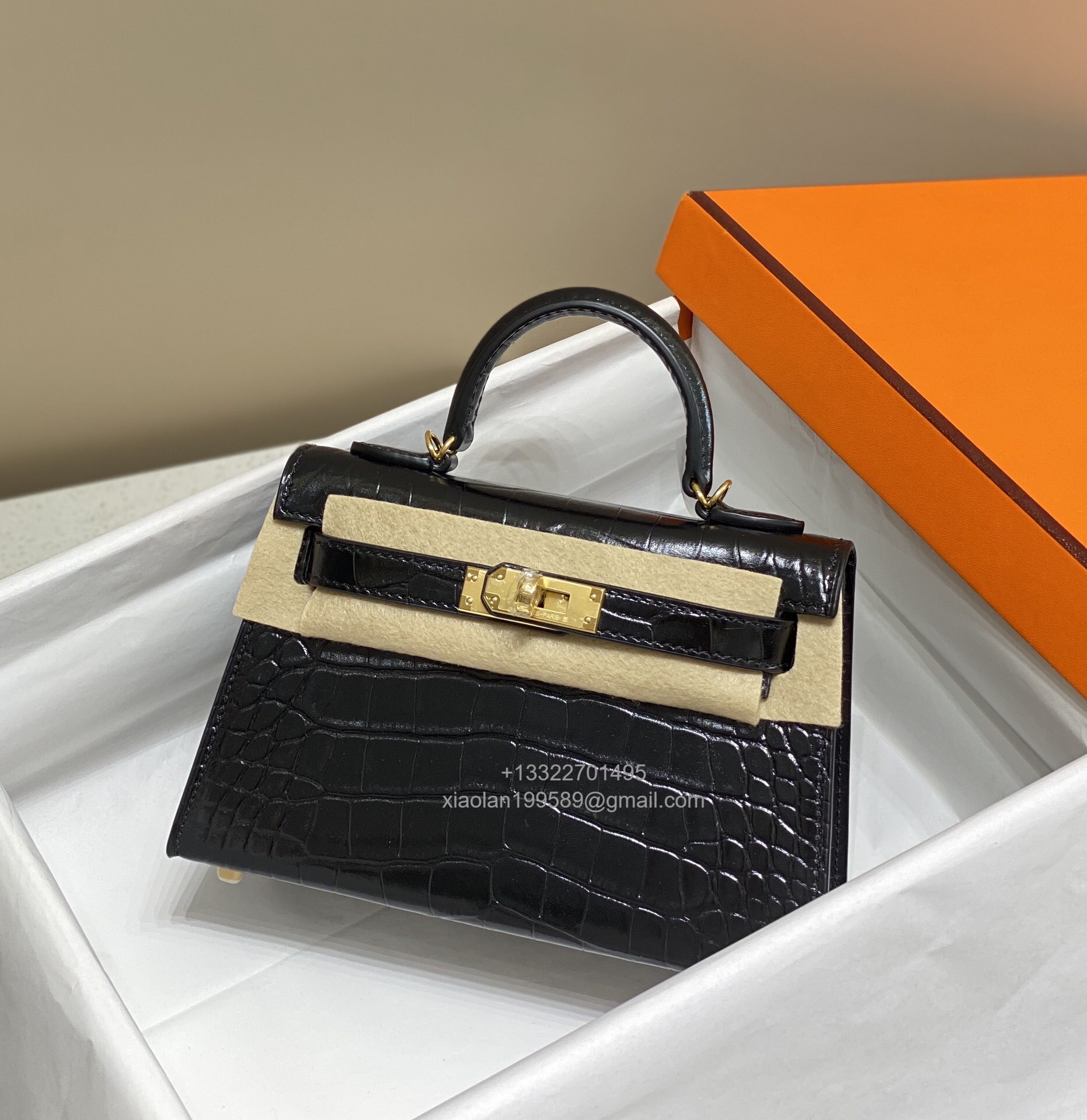 Hermès Mini Kelly in Crocodile Leather, Fully Handmade Premium Private Customization –Black