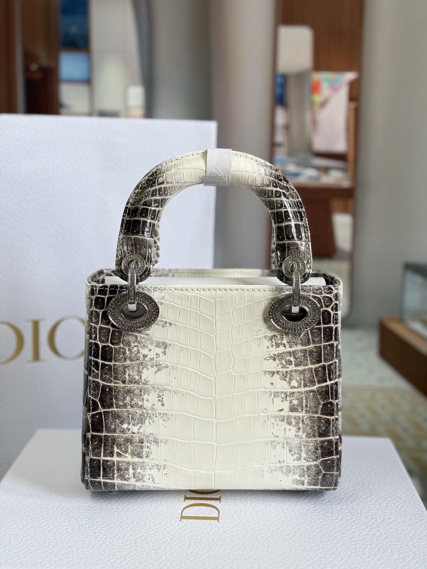 Lady Dior Three-Gusset 17cm, Shiny Himalaya Crocodile Leather, Premium Customization.