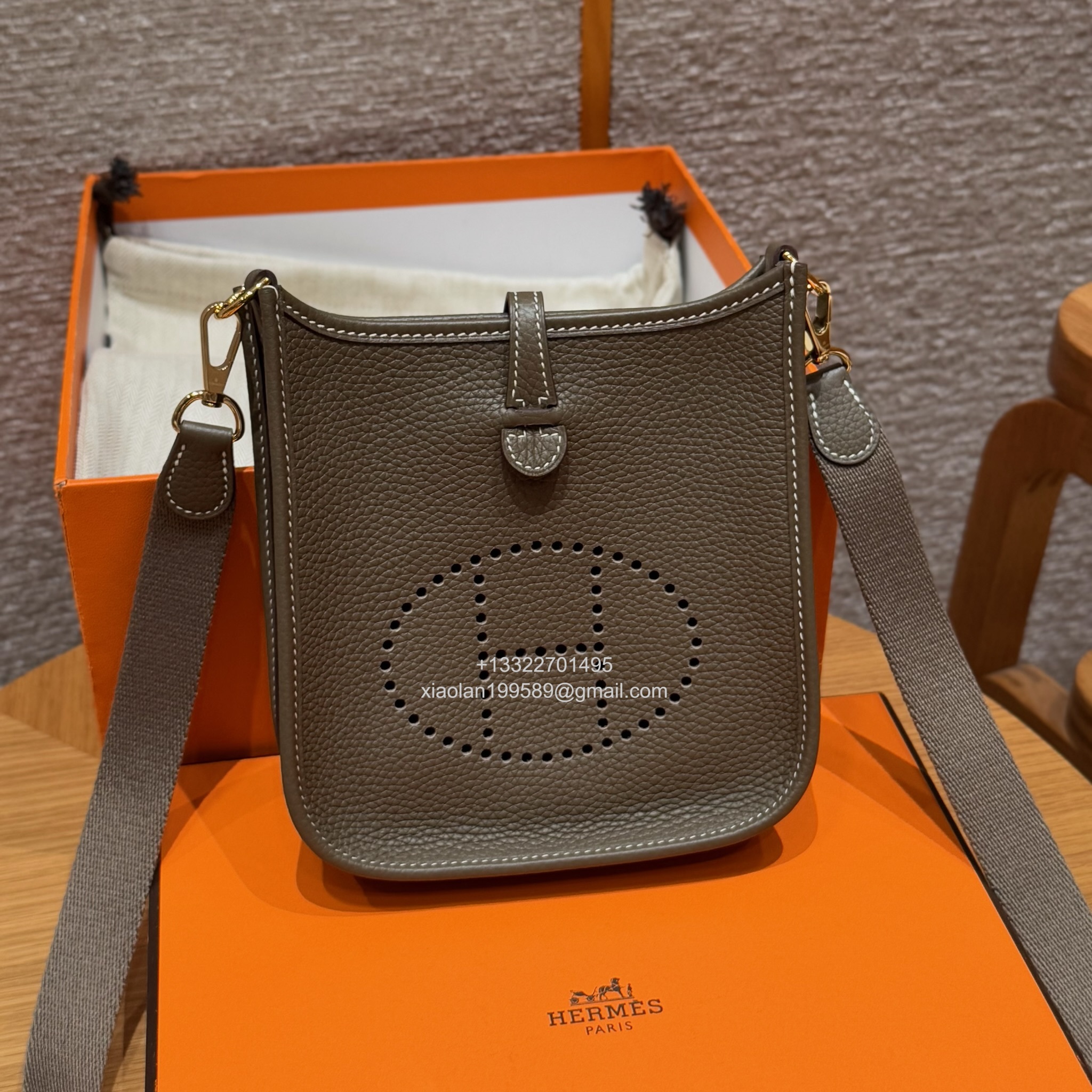 Hermès Evelyne mini Bag in Clemence Leather, Premium Handcrafted Customization-Elephant Grey