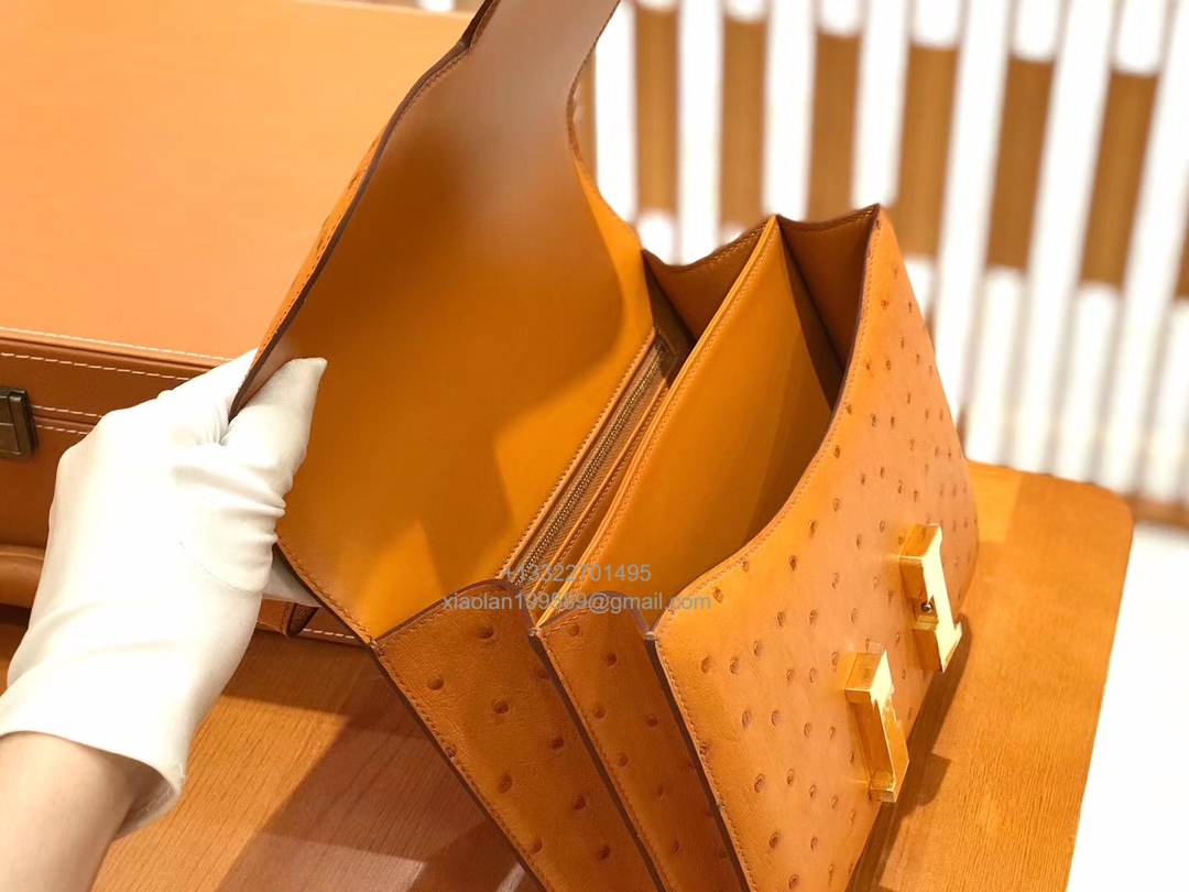 Hermès Constance 18/24 in Ostrich Leather, Premium Fully Handmade Exclusive Customization –Gold Brown
