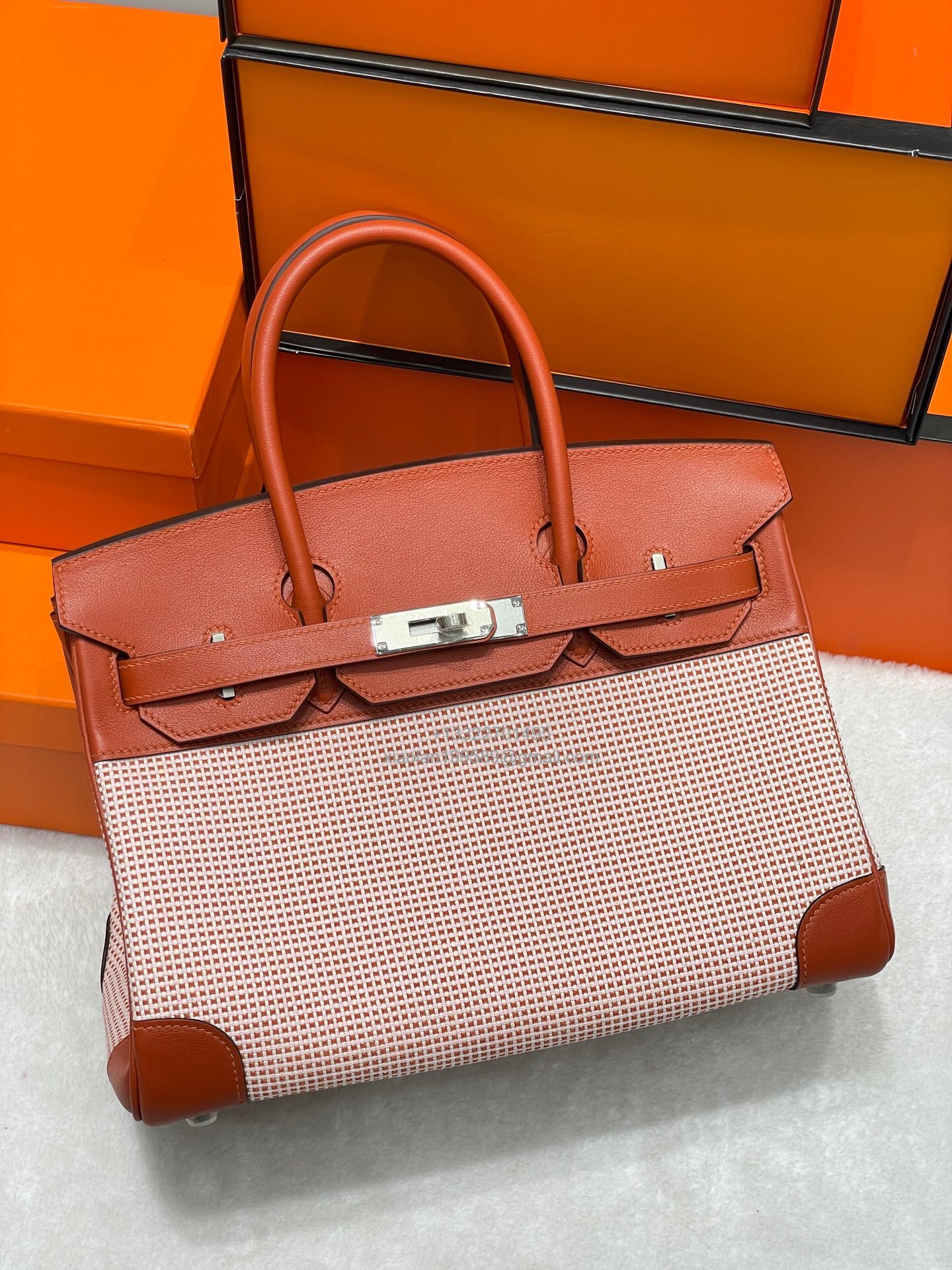 Hermès Birkin 25/30/35cm in Original Imported Swift Leather with Waffle Canvas Patchwork Pumpkin Orange – Limited Edition, Boutique Synchronized Version, Fully Hand-stitched with Waxed Thread, Solid Steel Hardware.