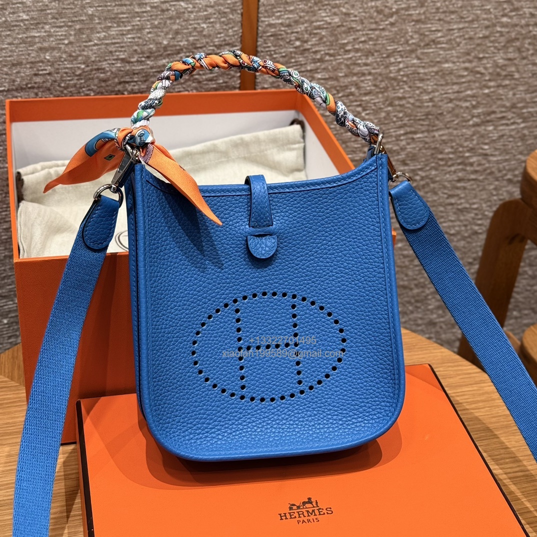 Hermès Evelyne mini Bag in Clemence Leather, Premium Handcrafted Customization-Blue zelige