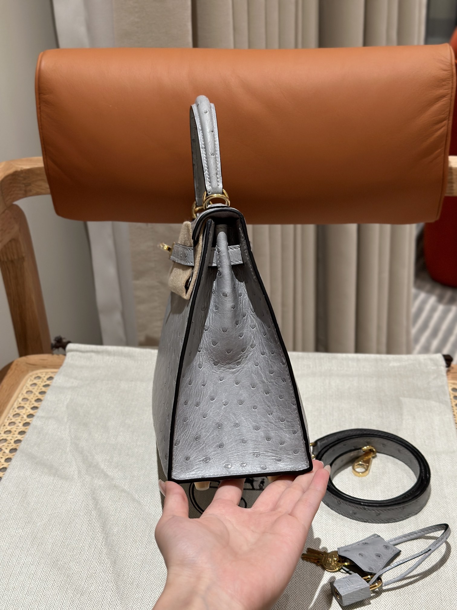 Kelly 25/28/32cm South African KK Ostrich Leather, Premium Fully Handcrafted Exclusive Custom –Blue glacier