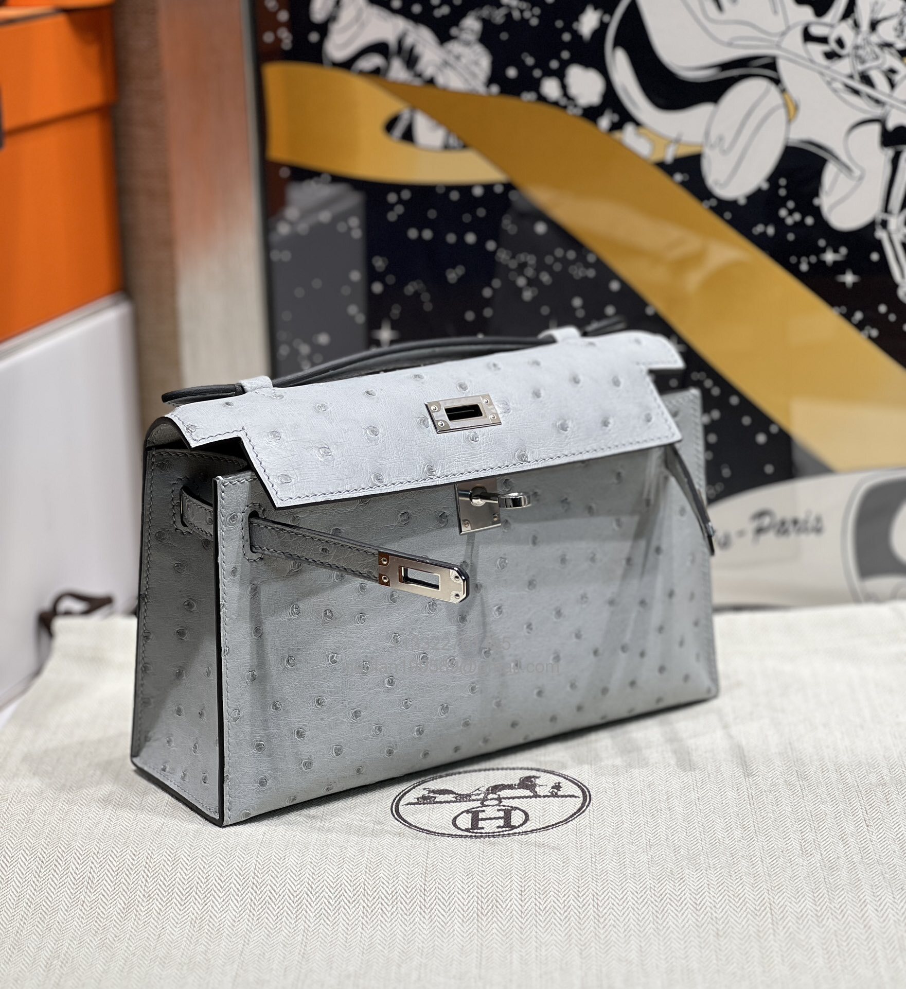 Hermès Kelly Pochette Clutch Bag, South African KK ostrich leather, fully handmade haute couture – Glacier Blue