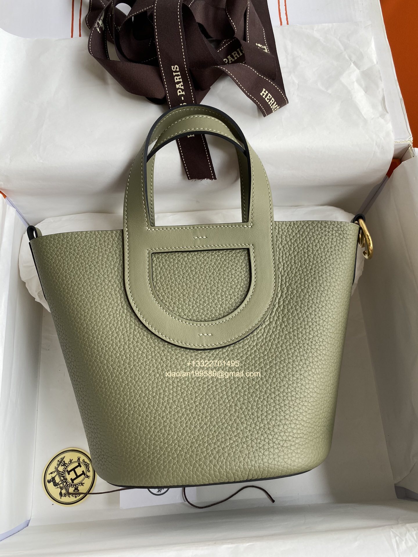 Hermès In-The-Loop 18/23 Bag in Taurillon Clemence (TC) and Swift Leather, Hand-stitched with Beeswax Thread. Color: Sage Green.