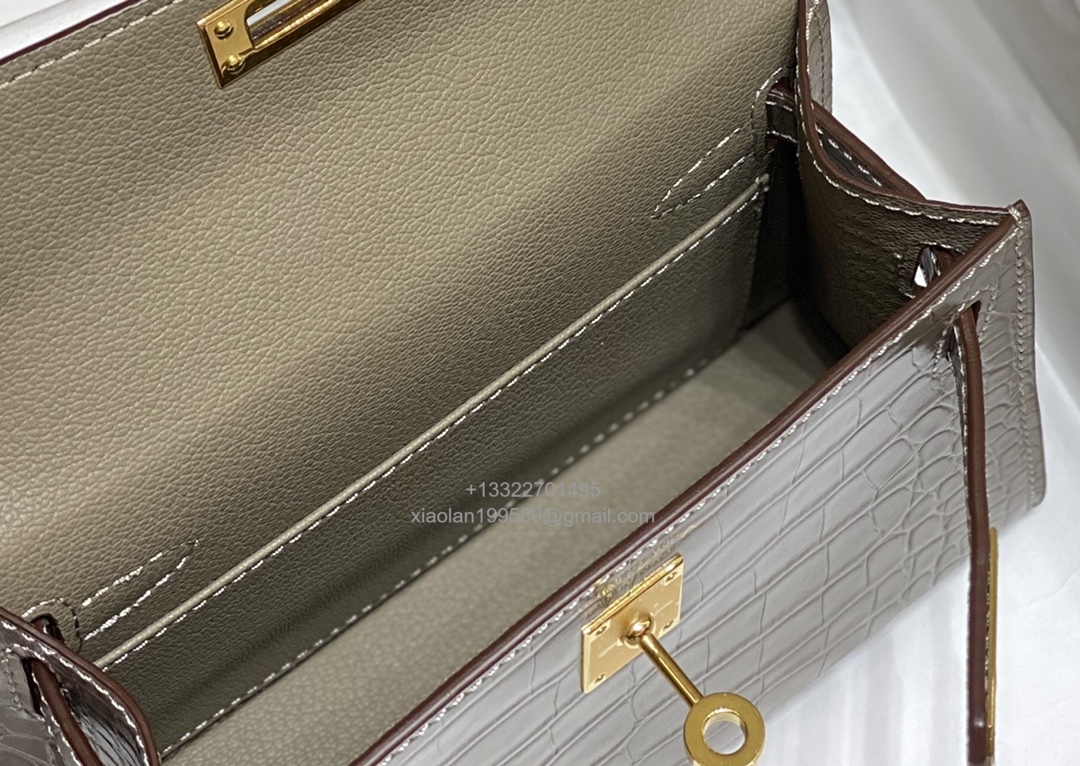 Hermès Mini Kelly in Crocodile Leather, Fully Handmade Premium Private Customization – Etoupe