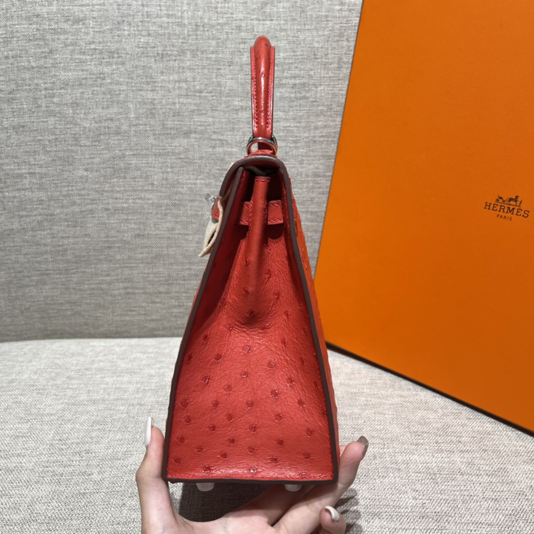 Kelly 25/28/32cm South African KK Ostrich Leather, Premium Fully Handcrafted Exclusive Custom –Flag Red