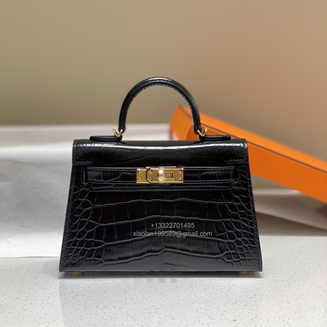Hermès Mini Kelly in Crocodile Leather, Fully Handmade Premium Private Customization –Black