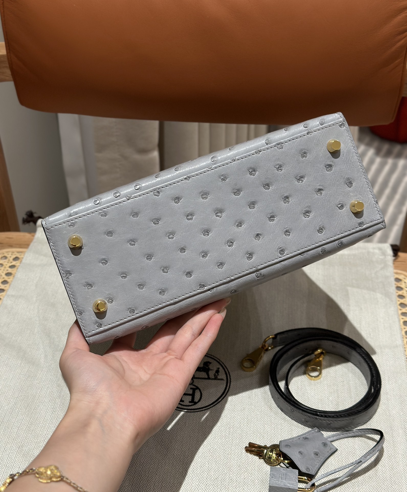 Kelly 25/28/32cm South African KK Ostrich Leather, Premium Fully Handcrafted Exclusive Custom –Blue glacier