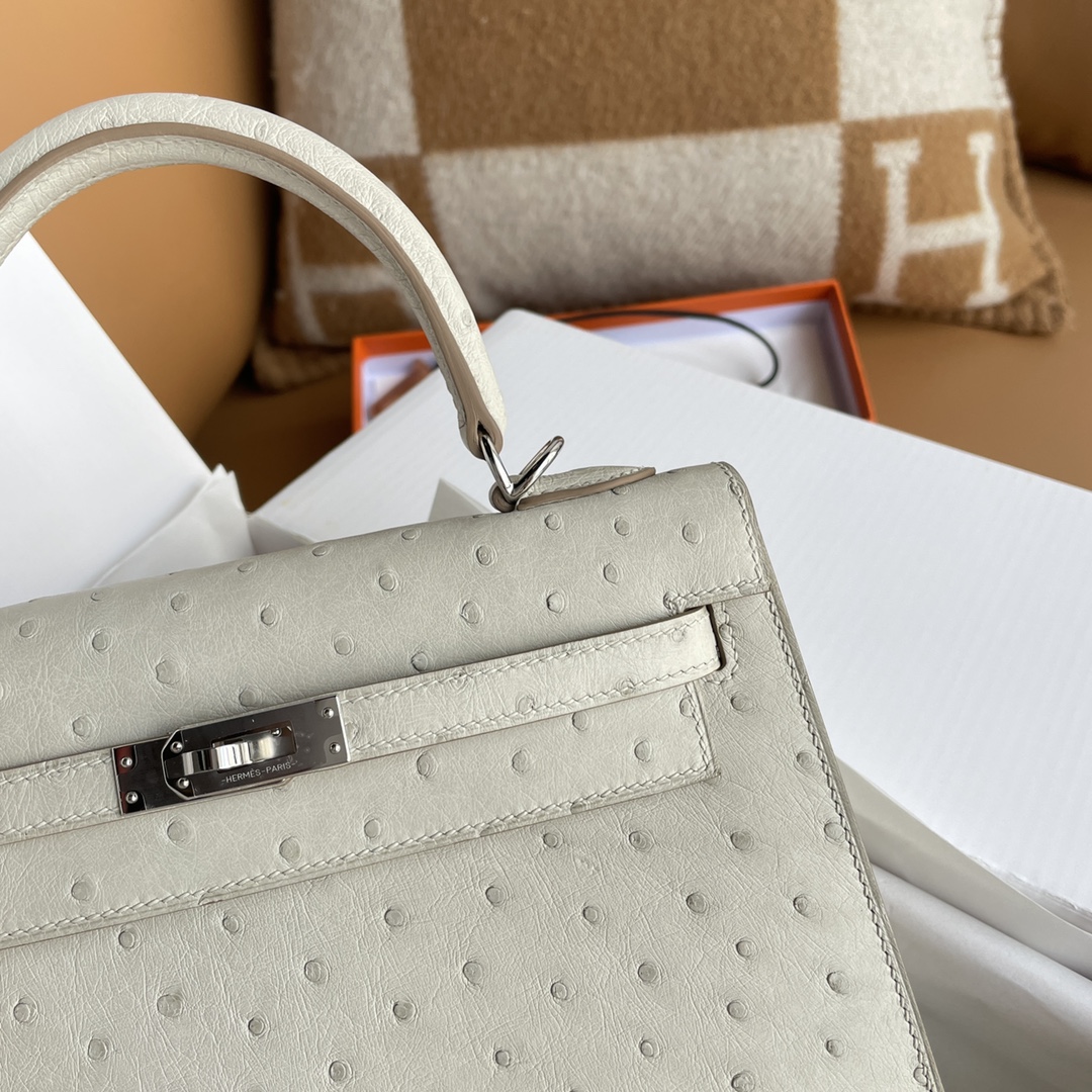 Kelly 25/28/32cm South African KK Ostrich Leather, Premium Fully Handcrafted Exclusive Custom –pearl-gray
