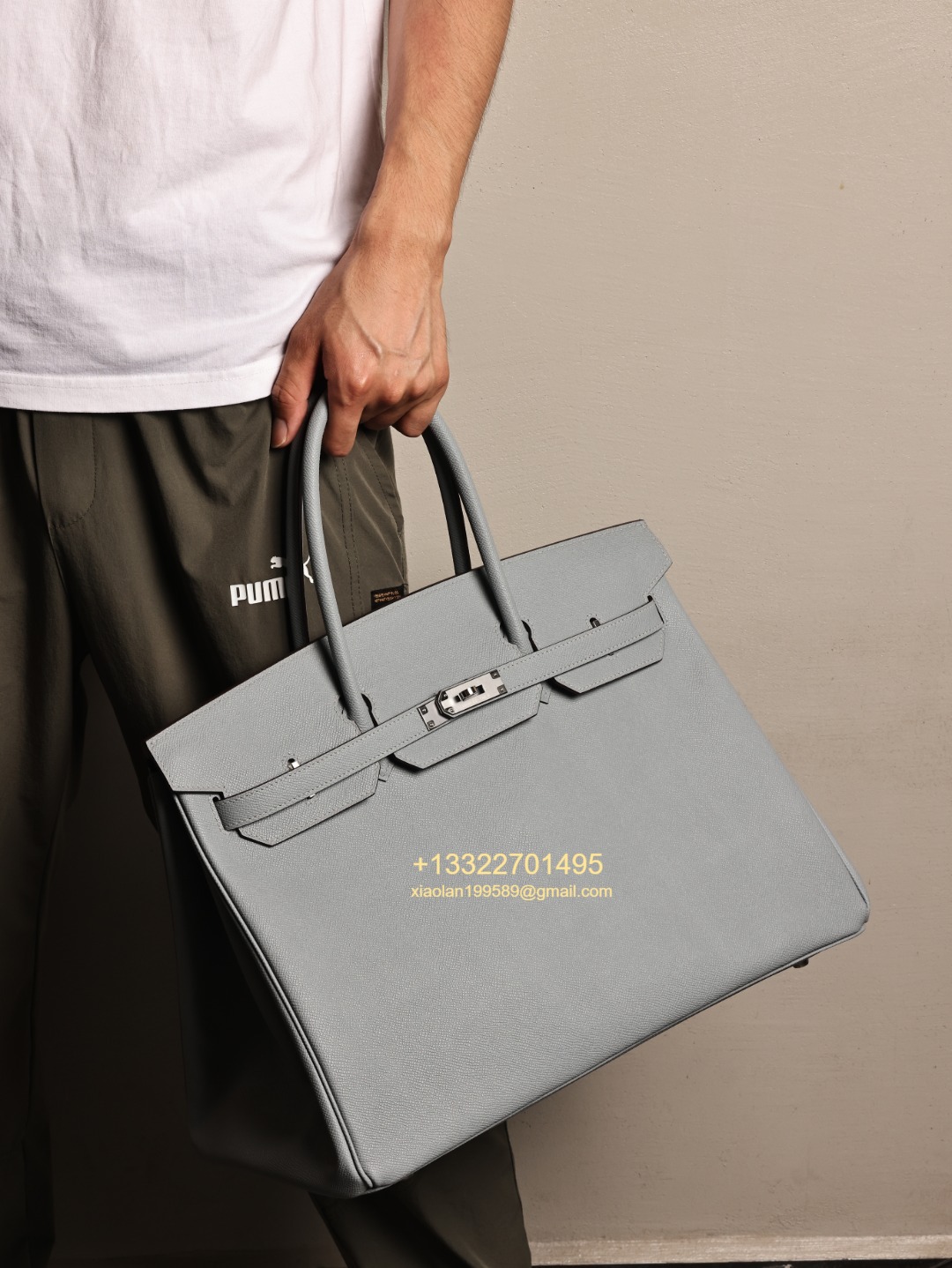Men's Exclusive Hermès Birkin 40cm, Imported Original Factory Epsom Leather in Misty Blue Synchronize with Boutique, Purely Handcrafted with Waxed Thread Stitching, Pure Steel Hardware, High-End Customization