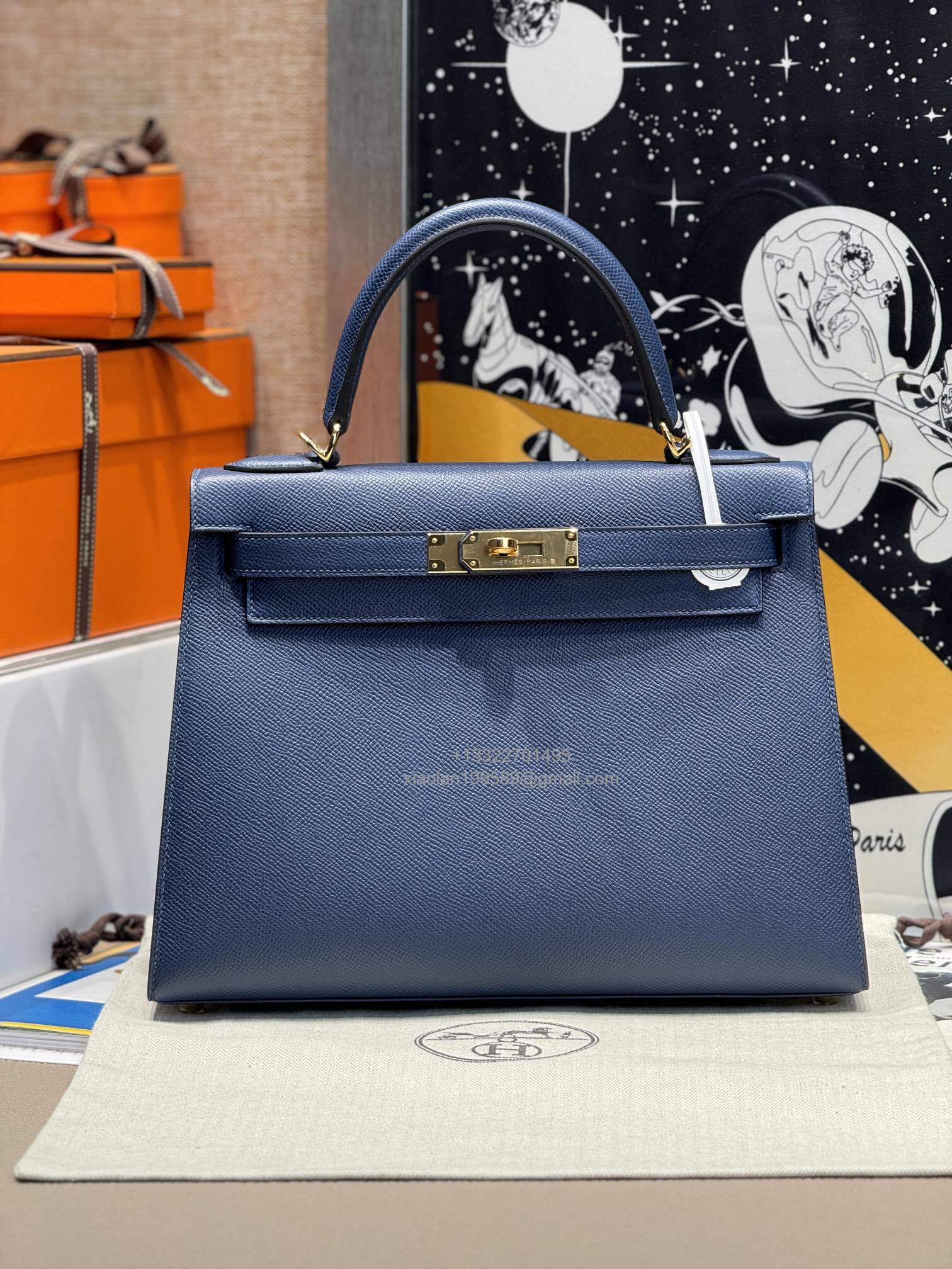 Hermès Kelly Handbag in Deep Blue Epsom Cowhide Leather, Purely Handcrafted, High-End Customization Edition