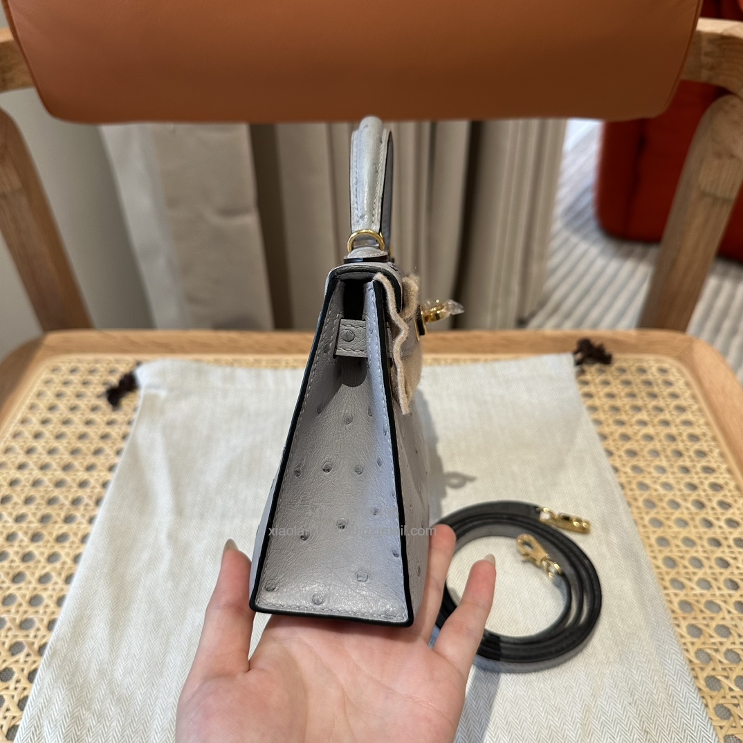Hermès Mini Kelly Sellier II 20 in Ostrich Leather  8U/Blue glacier